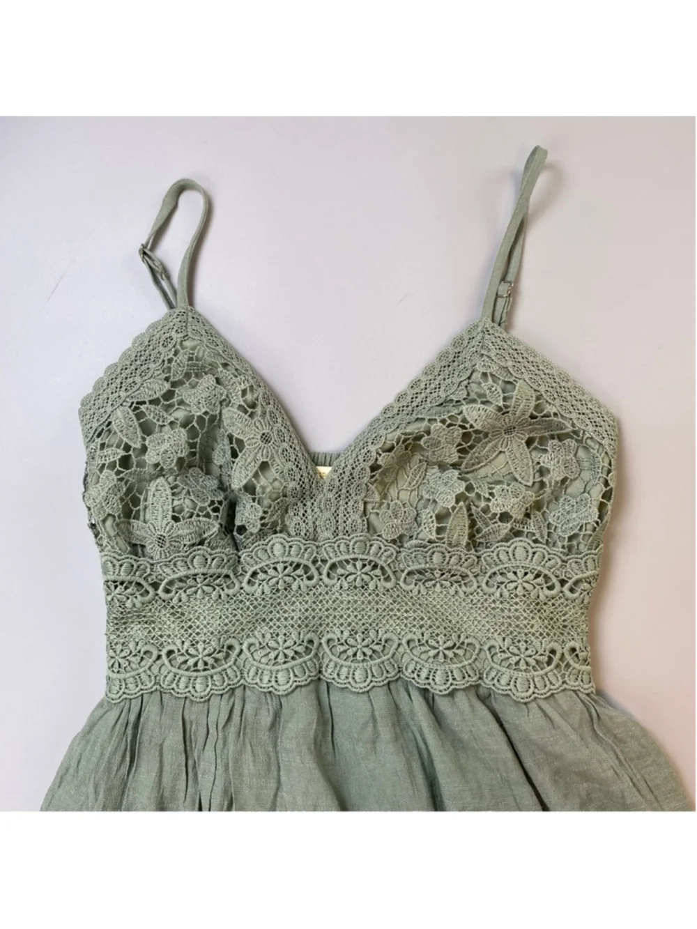 Rebellion Again Dress XS Sage Green Crochet Tiered Boho Fairy Coastal Cowgirl - Picture 6 of 11